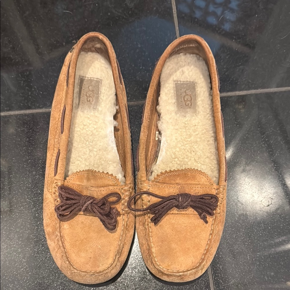 UGG Tan and Brown Moccasin Slippers with Plush Lining